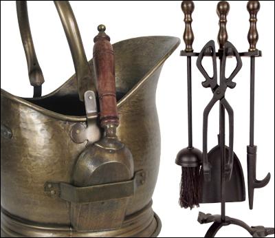 Fire Tools & Coal Bucket/Scuttle (Antique Brass Finish)