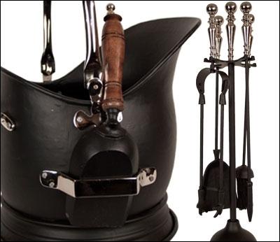 Fire Tools & Coal Bucket/Scuttle (Black/Nickel Finish)