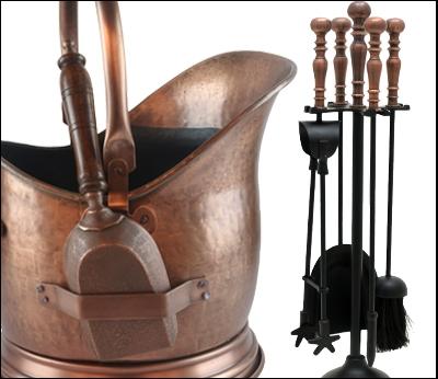 Fire Tools & Coal Bucket/Scuttle (Copper Finish)