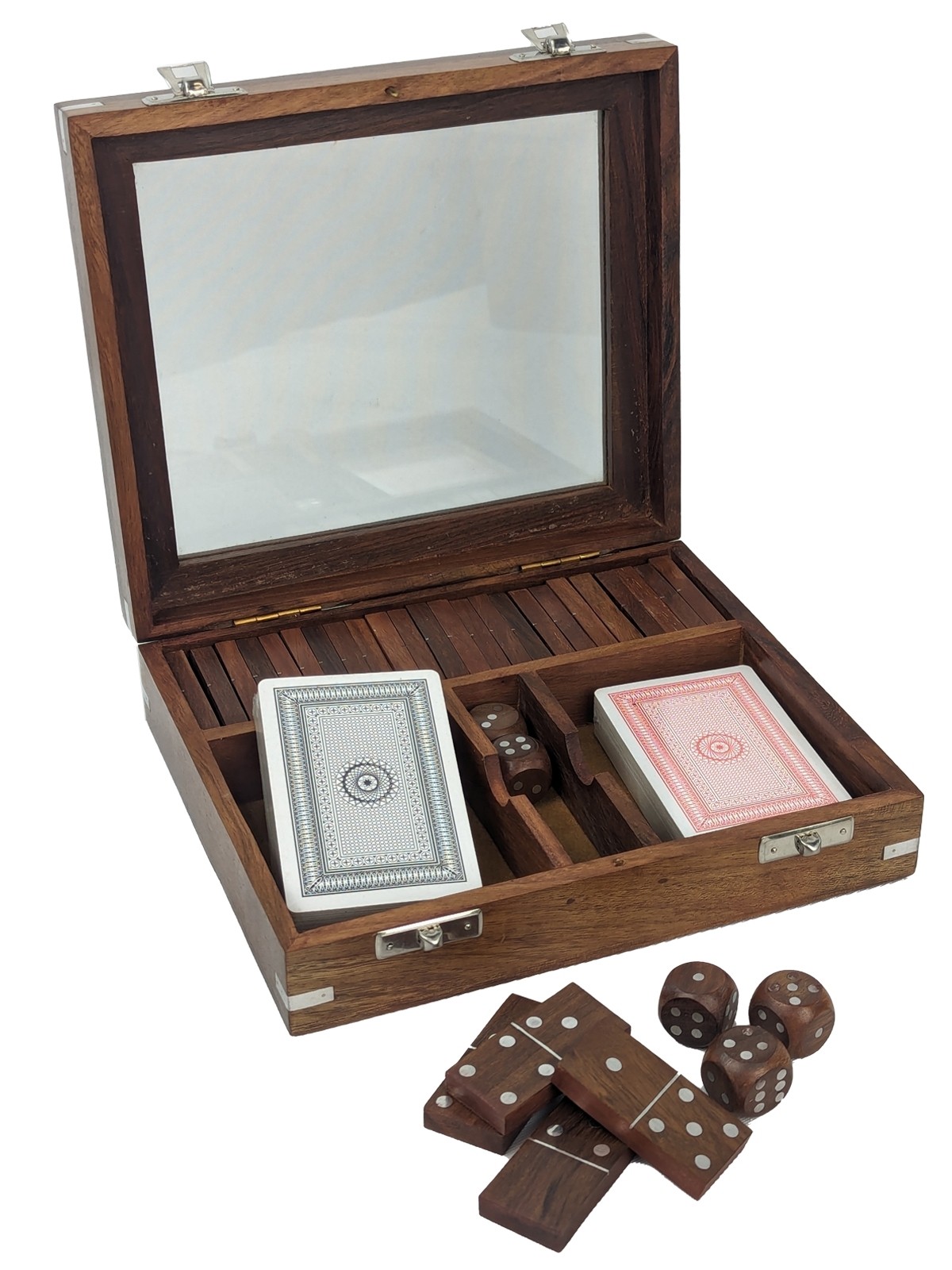 Double Card, Dice & Domino Box (Glass Lid) 20cm
