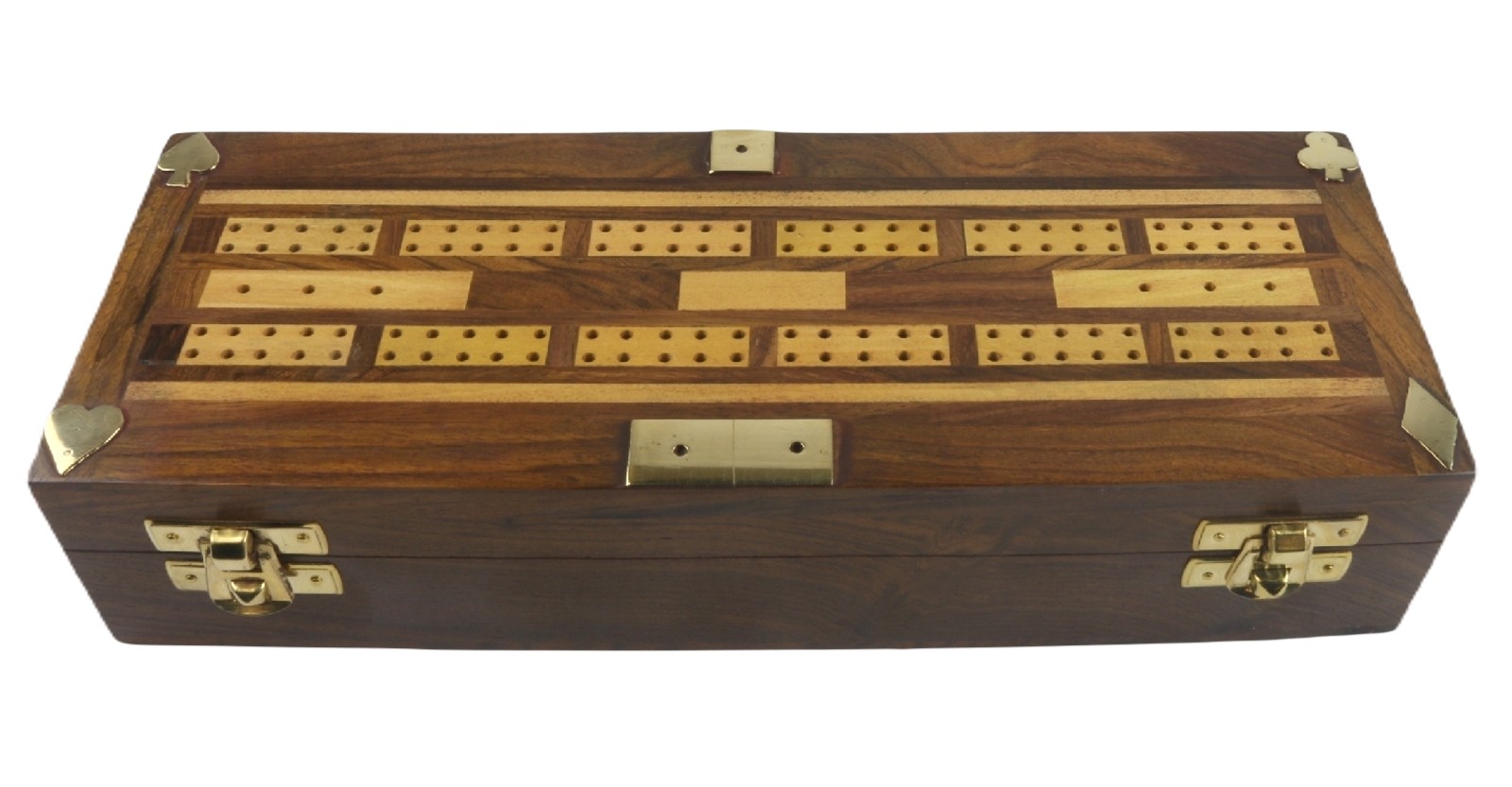 Sheesham Wood Multi Game Set - Cribbage, Dominos, Dice & Cards 25cm