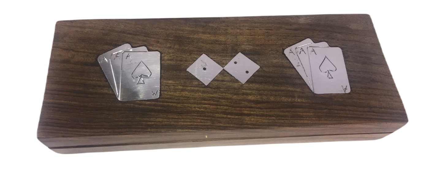 Sheesham Wood Double Card Box with Dice (2 packs of cards) 24cm