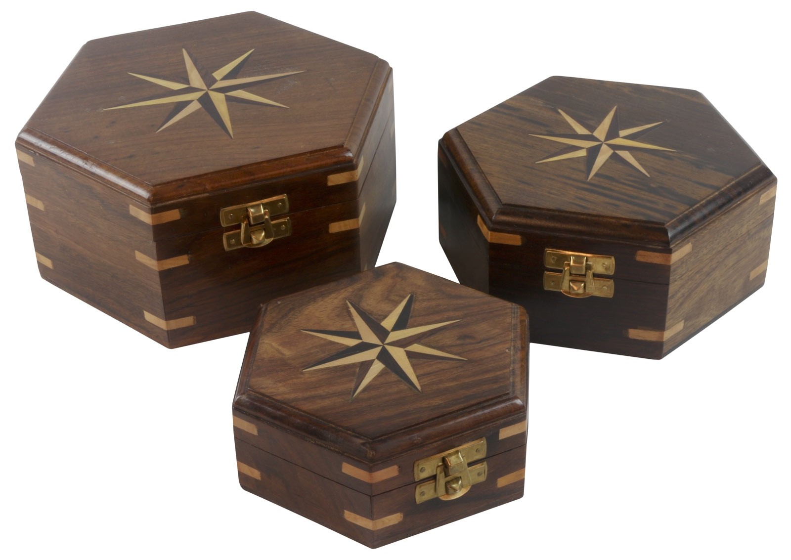 Wooden Set Of 3 Star Design Hexagonal Boxes 19cm