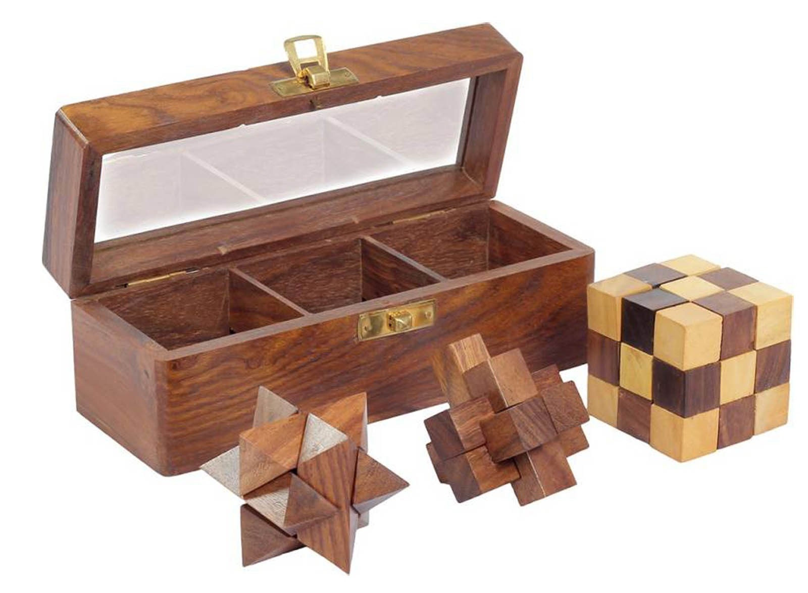 3 Puzzle Set In Sheesham Box 18cm