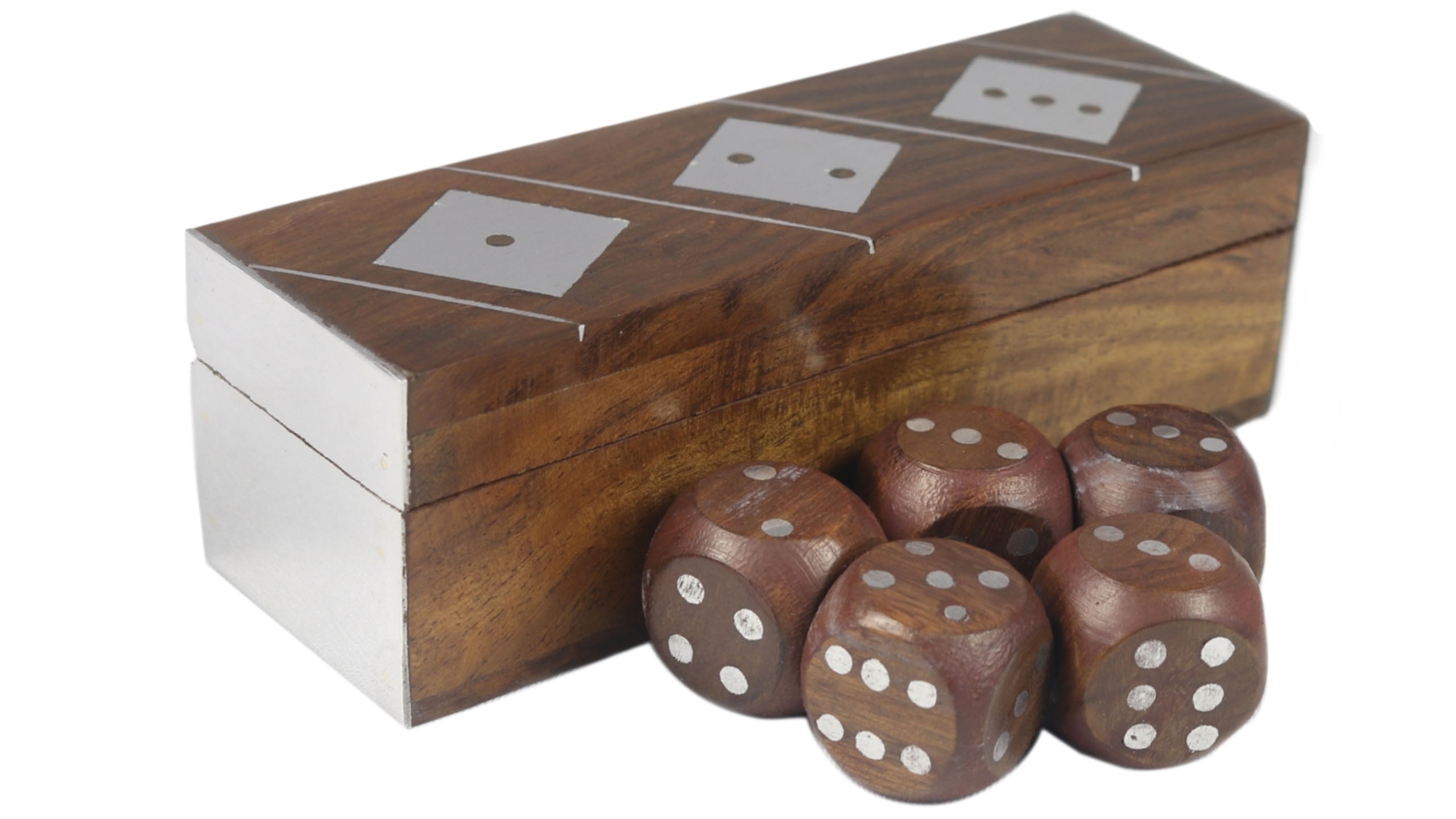Sheesham Wood Dice Box 13cm - Nickel Finish With 5 Dice