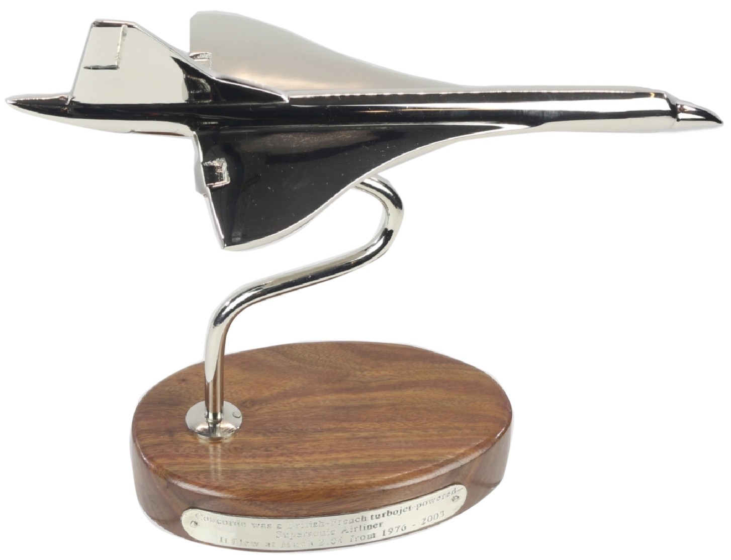 Concorde Plane On Sheesham Wood Base - Nickel Plated Aluminium - 23cm