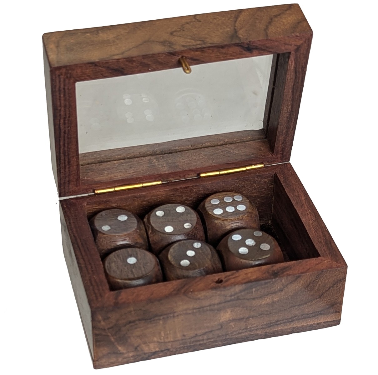 6 Dice In Sheesham / Glass Box - 9cm