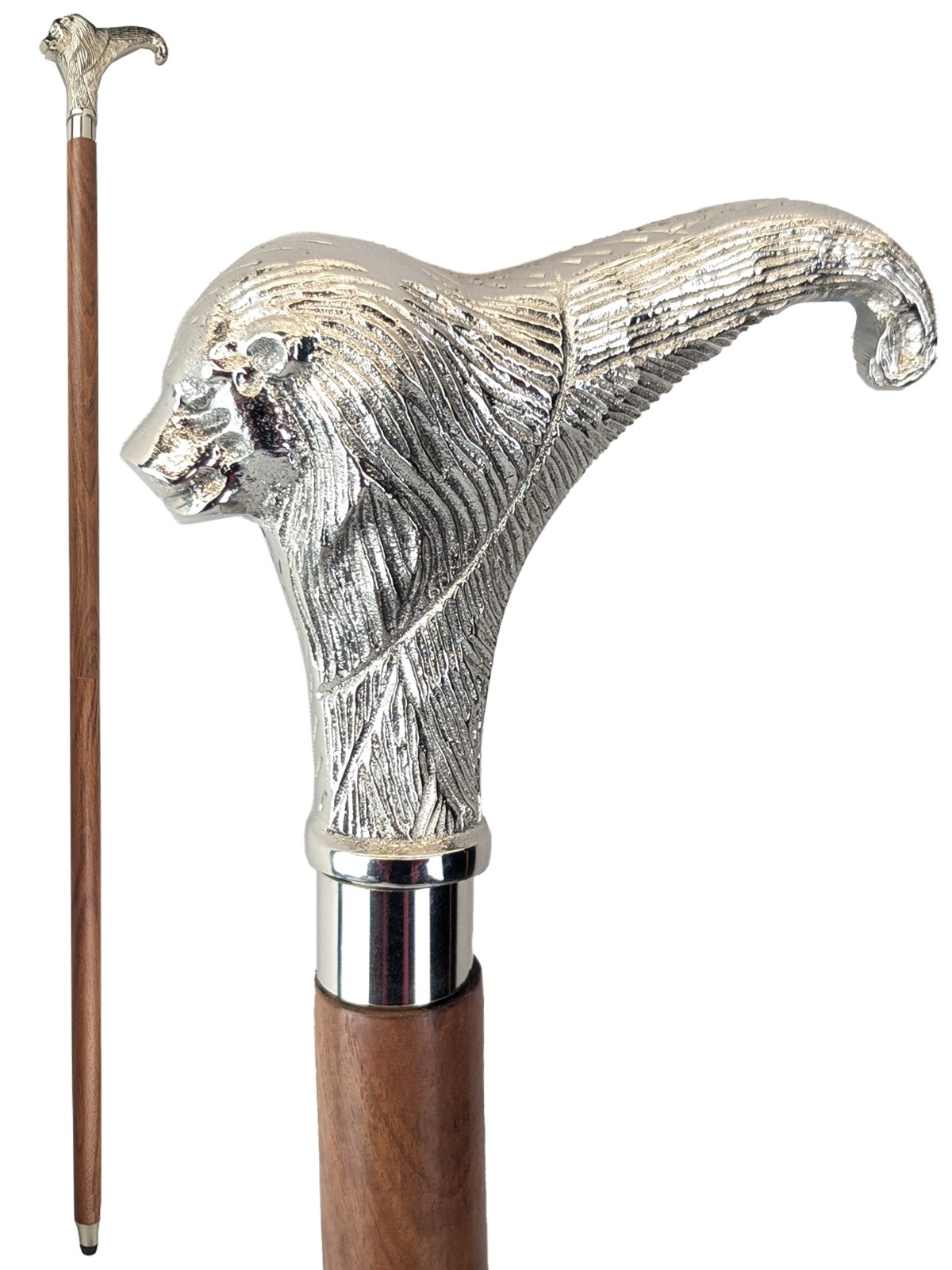 Lionhead Swagger Cane - Nickel Plated & Sheesham Wood 98.5cm