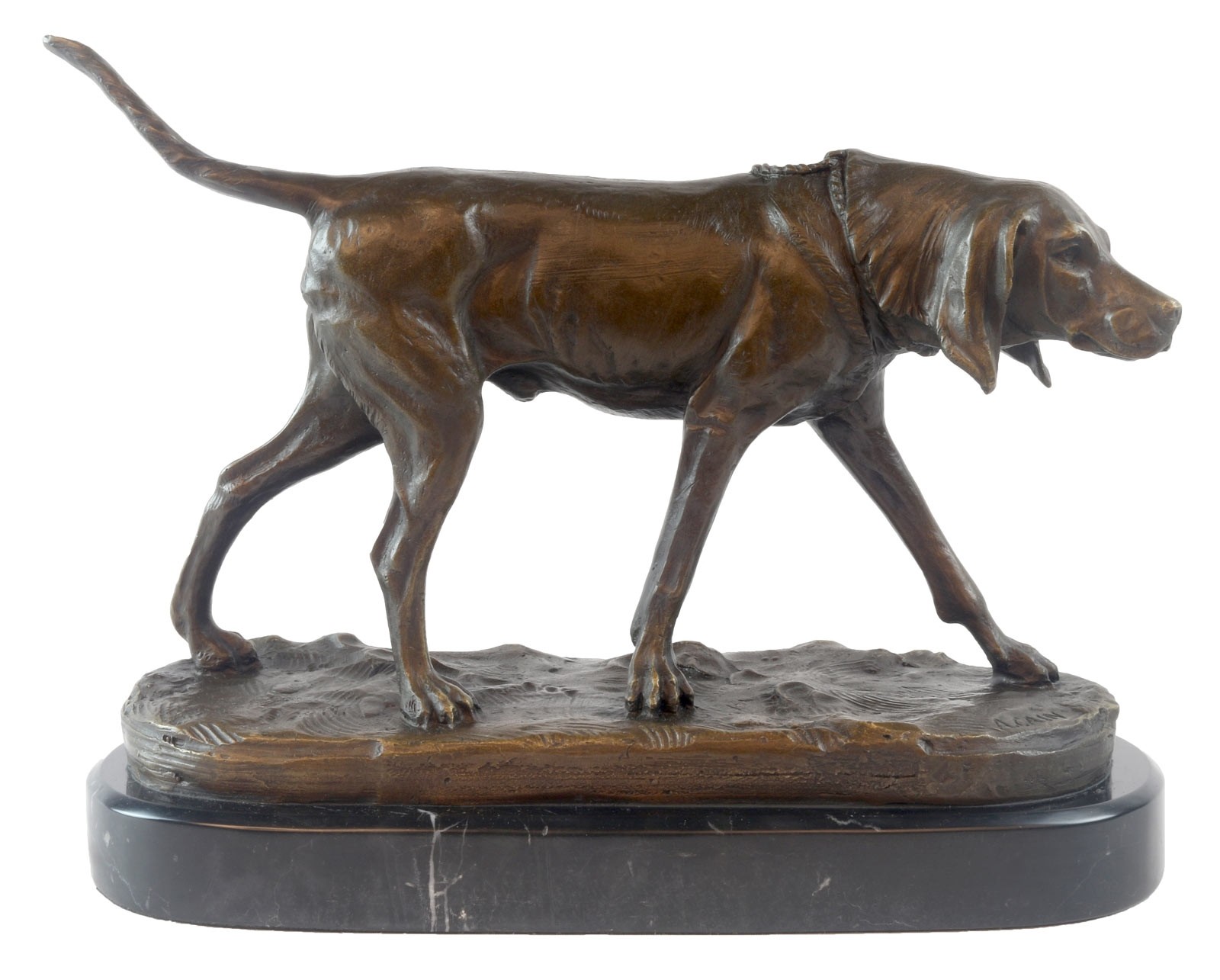 Foundry Cast Bronze Dog Sculpture On Marble Base 31cm