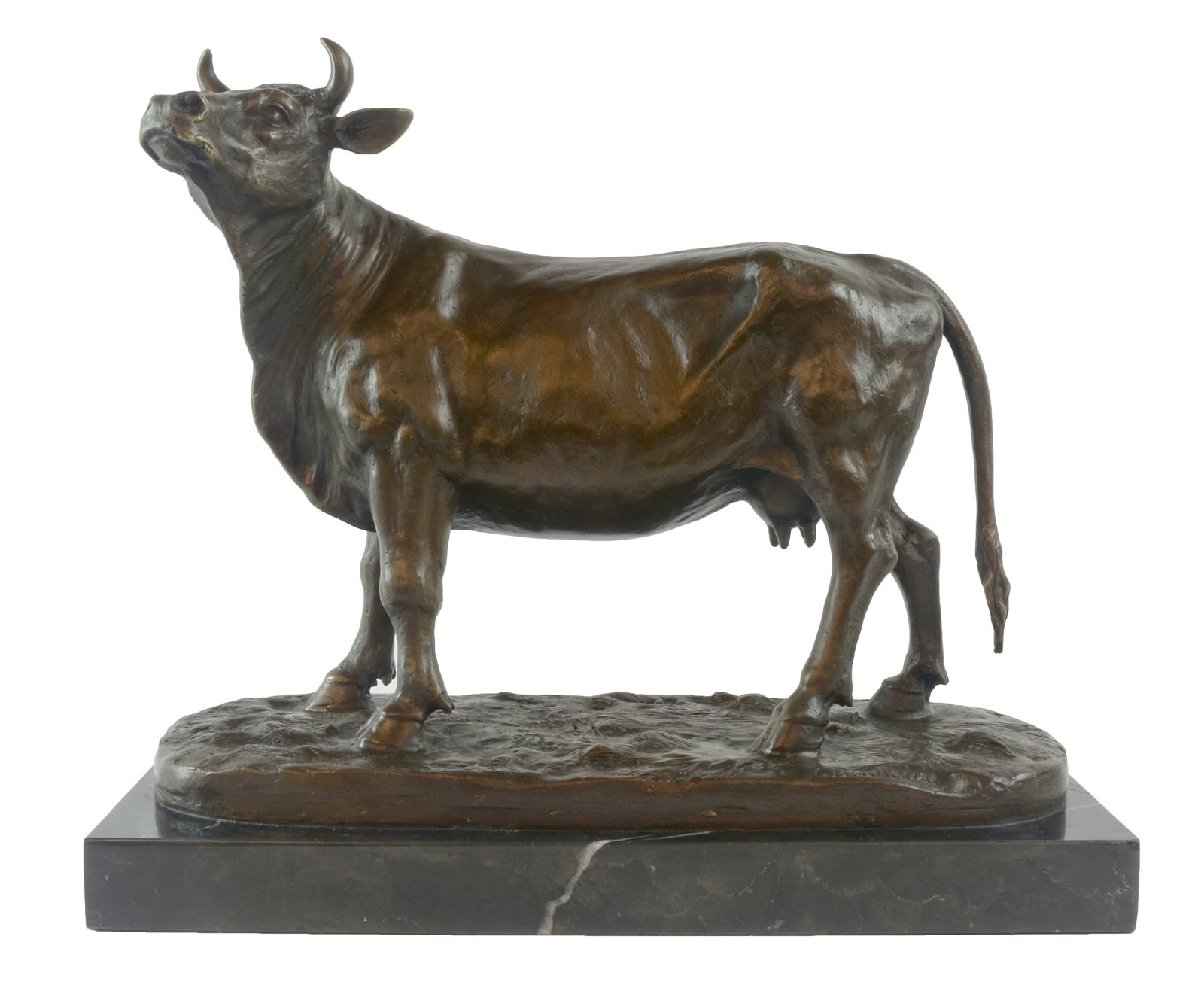 Foundry Cast Bronze Cow Sculpture On Marble Base 34cm