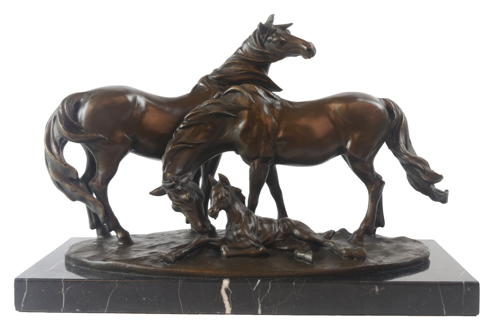 Horses and Foal Foundry Cast Bronze Sculpture On Marble Base 42cm