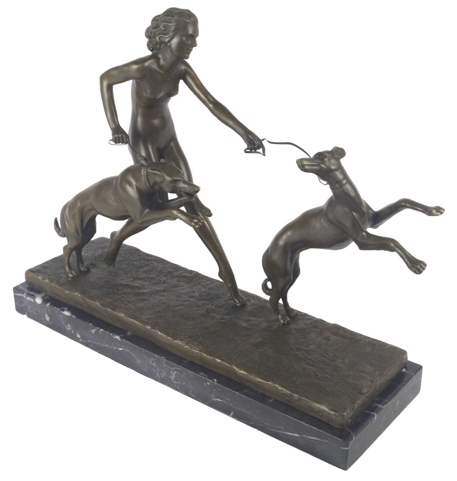 Lady with 2 Dogs Foundry Cast Bronze Sculpture On Marble Base 42cm