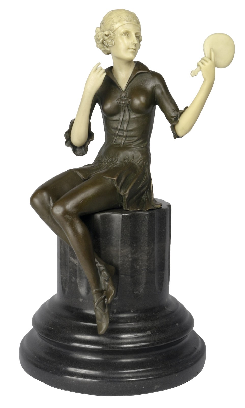 Lady with Mirror Foundry Cast Bronze Sculpture On Marble Base 35cm