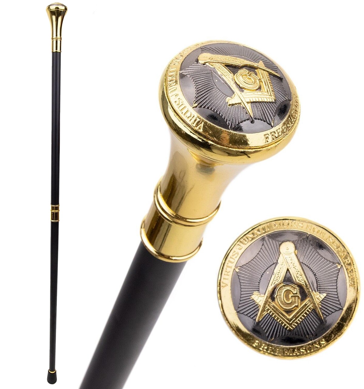 Gold Square & Compass Design Swagger Cane / Walking Stick - 92cm