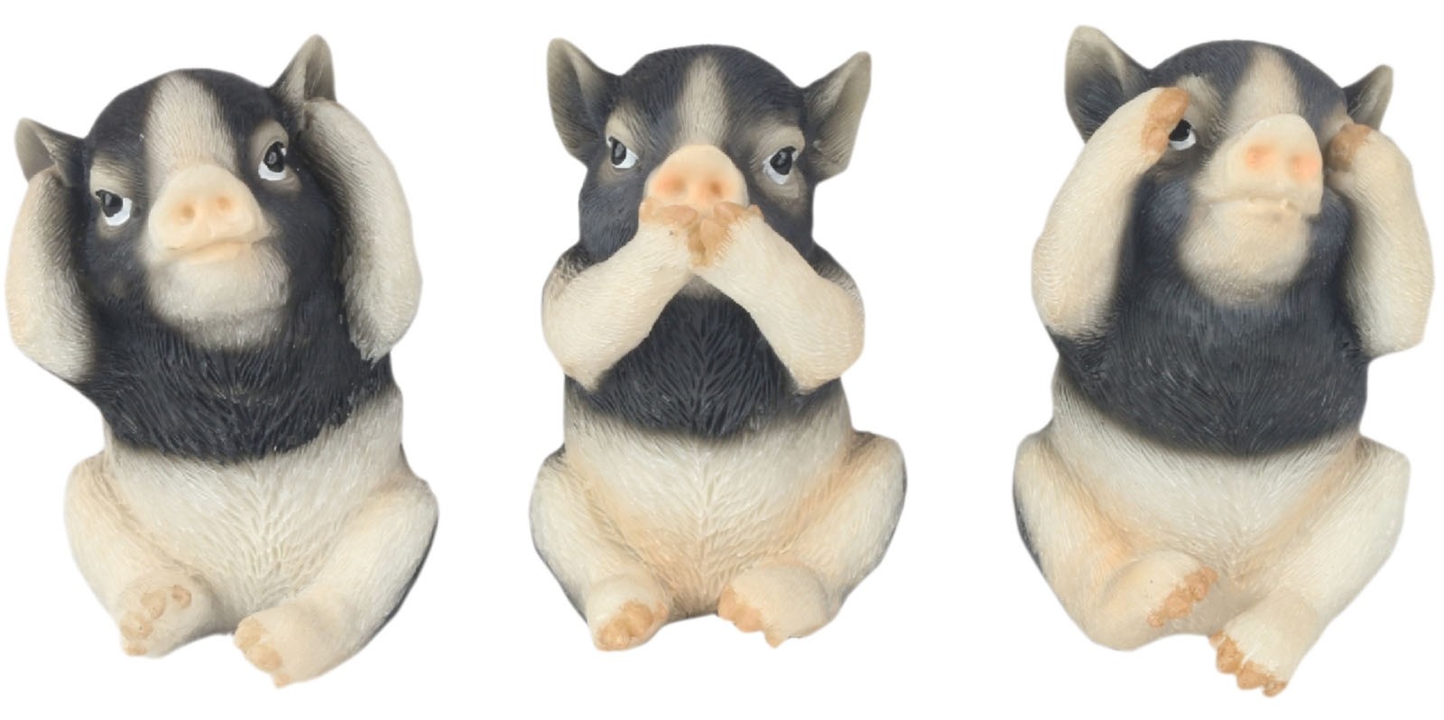 Set Of 3 Black & White Pigs - Hear Speak, & See No Evil - 8cm