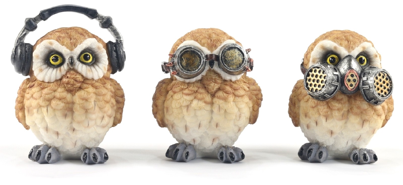 Set Of 3 Steampunk Owls - Hear Speak, & See No Evil 8.5cm 