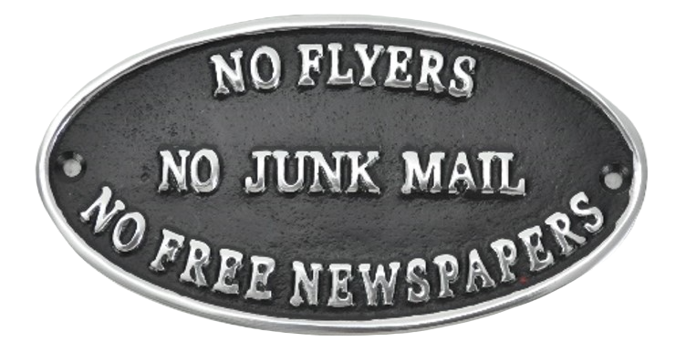 No Flyers No Junk Mail Sign - Polished Aluminium 17cm