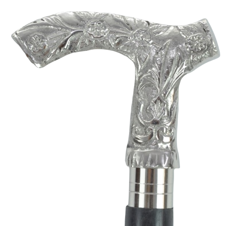 Nickel Finish Engraved Flower Swagger Cane/Walking Stick  95cm