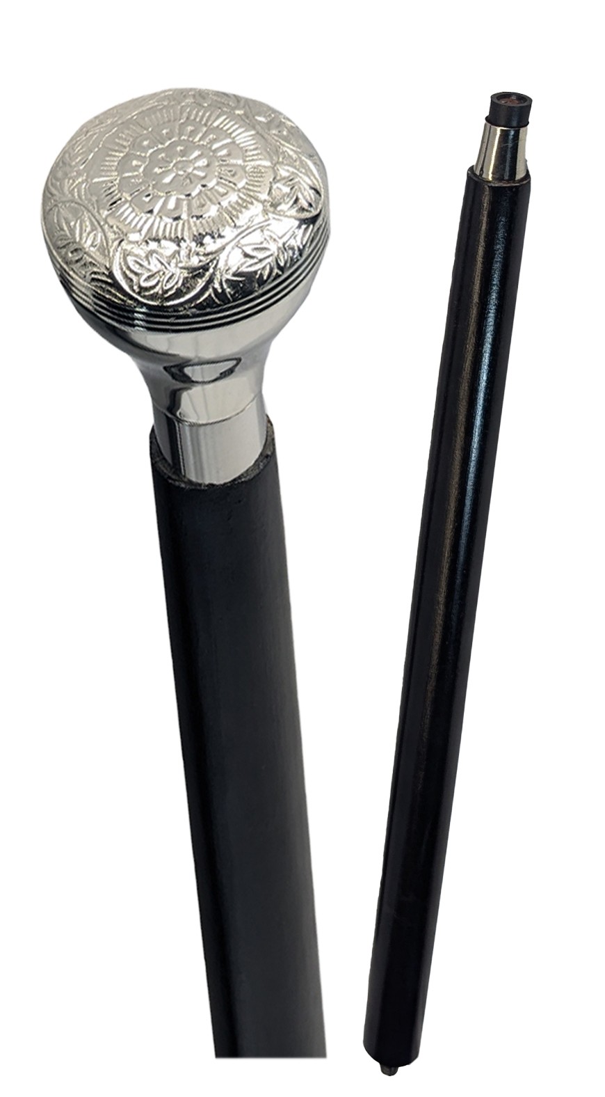 Nickel Finish Engraved Flower Round Top Swagger Cane/Walking Stick  93cm