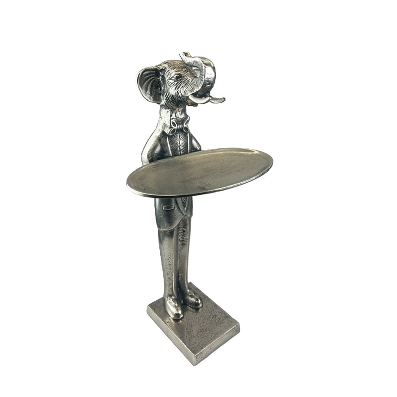 Elephant With Plate - 50cm Nickel Plated Aluminium