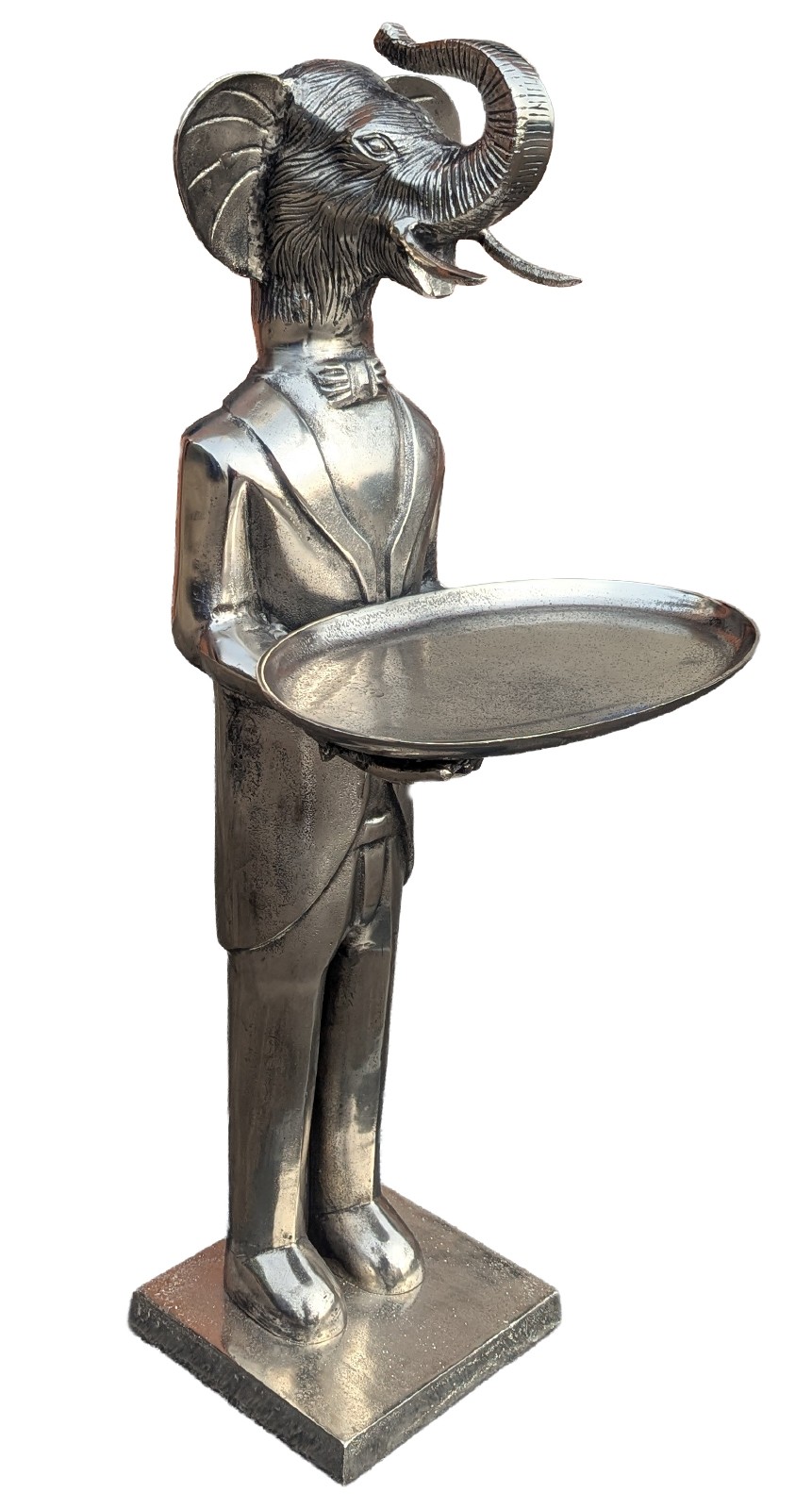 Elephant With Plate - 100cm Nickel Plated Aluminium