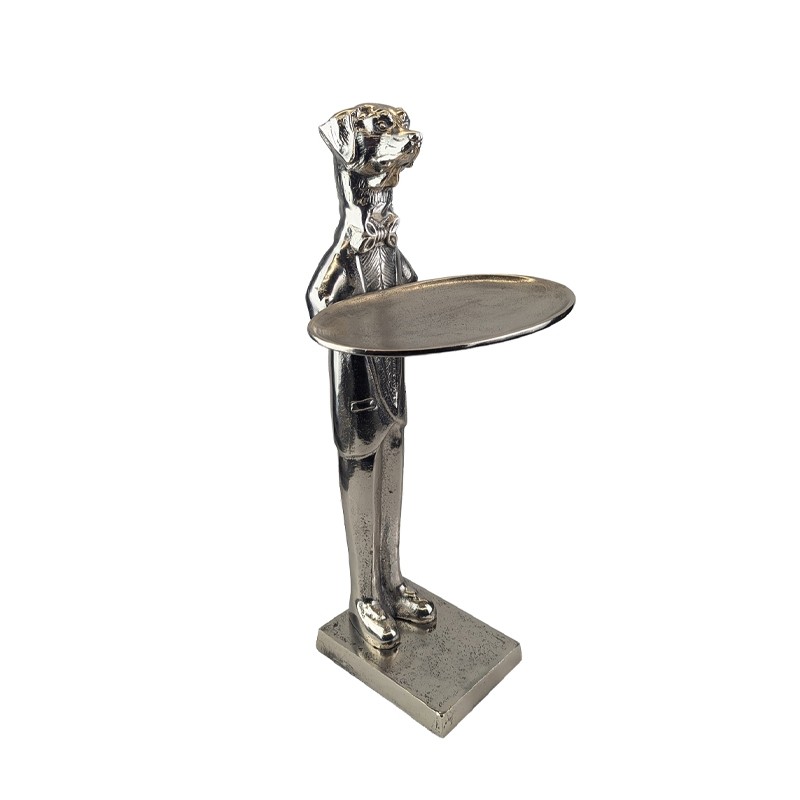 Dog With Plate - 50cm Nickel Plated Aluminium