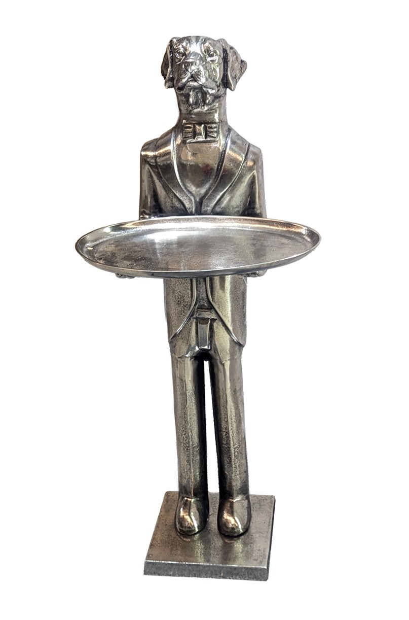 Dog With Plate - 100cm Nickel Plated Aluminium