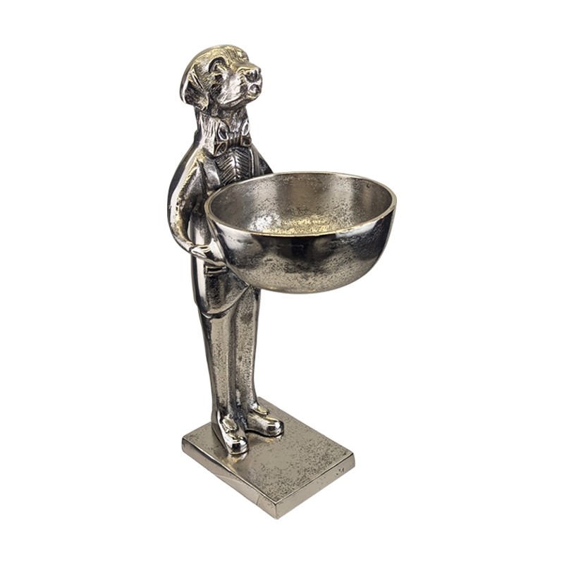 Dog With Bowl - 40cm Nickel Plated Aluminium