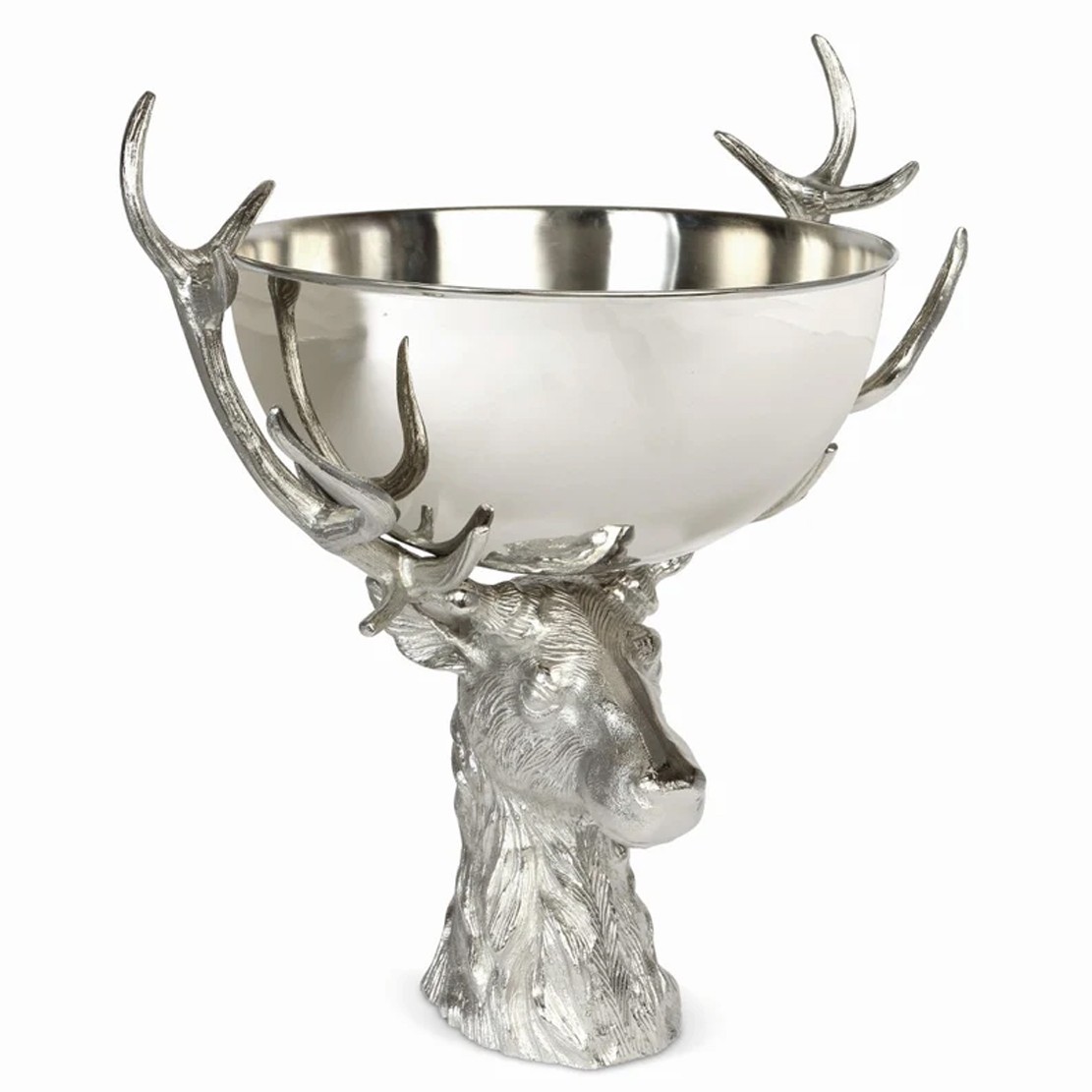 Stag Head Stand with With Cast Bowl - 48cm Antique Nickel Finish