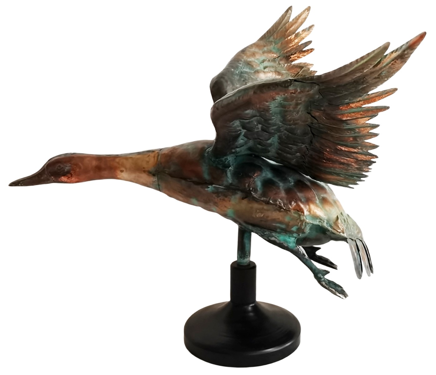 63.5cm Aged Copper/Verdigris Finish 3D Flying Duck Statue On Heavy Metal Base