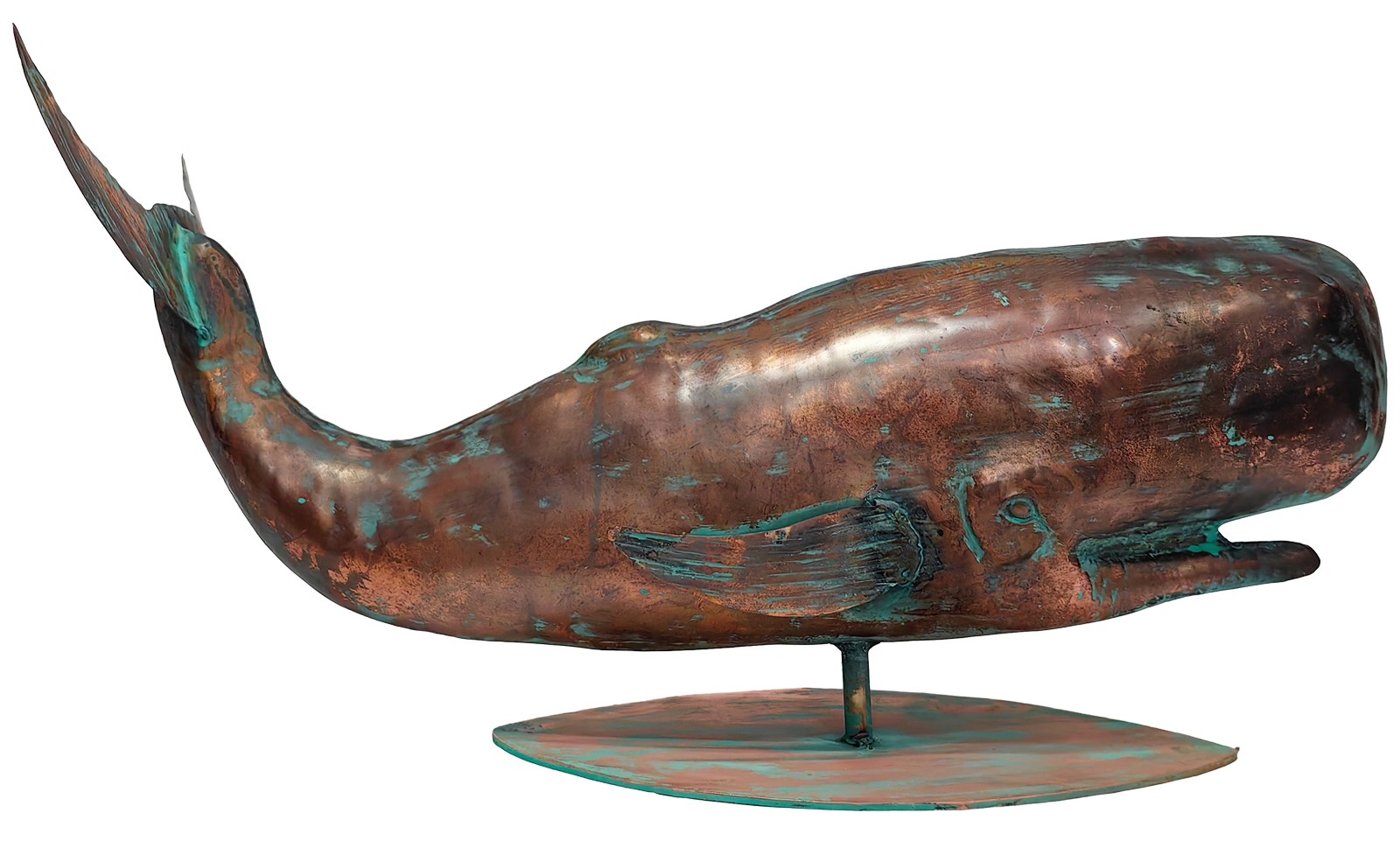 59cm Aged Copper/Verdigris Finish 3D Whale Statue On Heavy Metal Base
