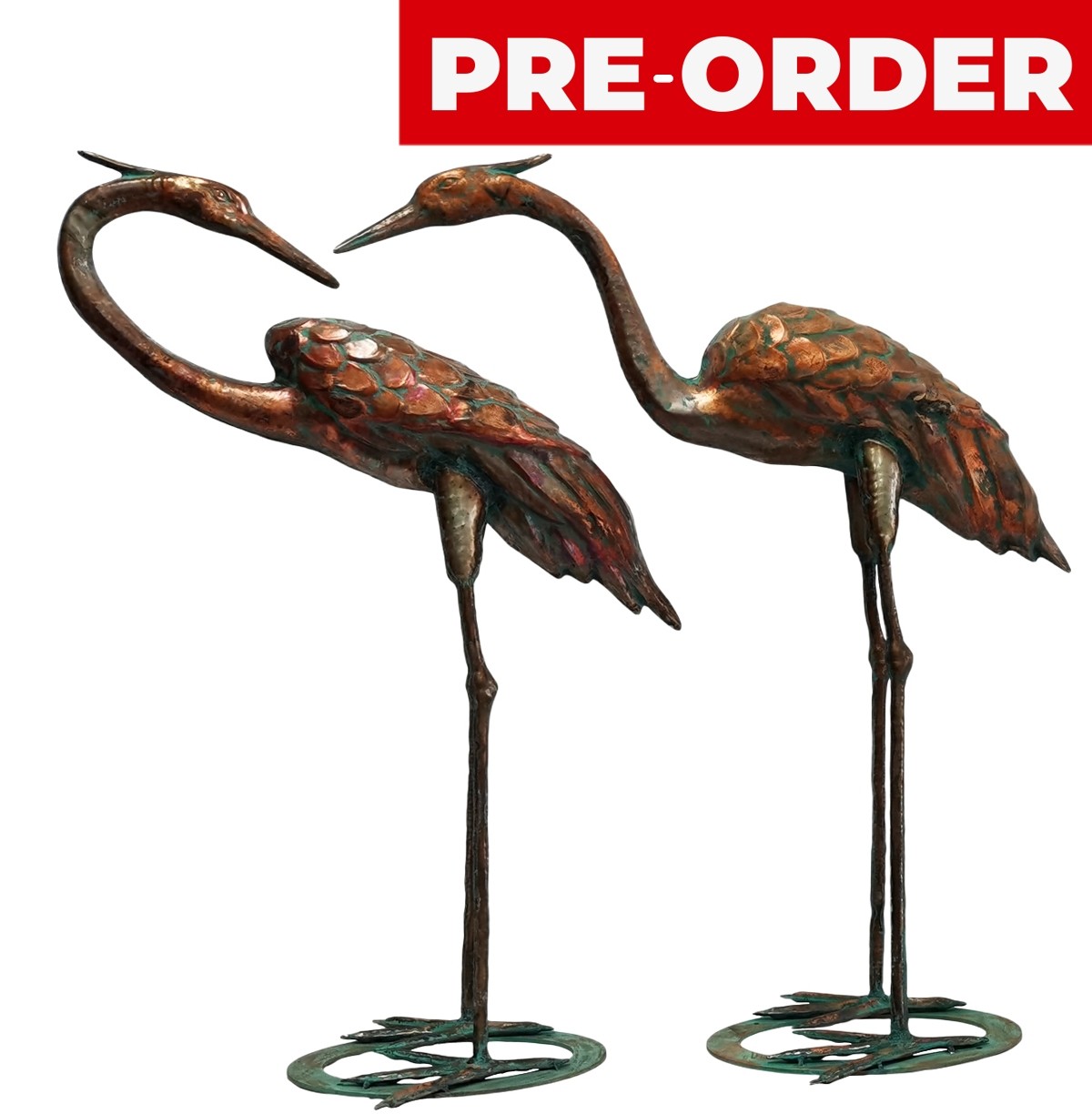 77.5cm. Aged Copper/Verdigris Finish 3D Pair of Cranes Statues On Heavy Metal Base