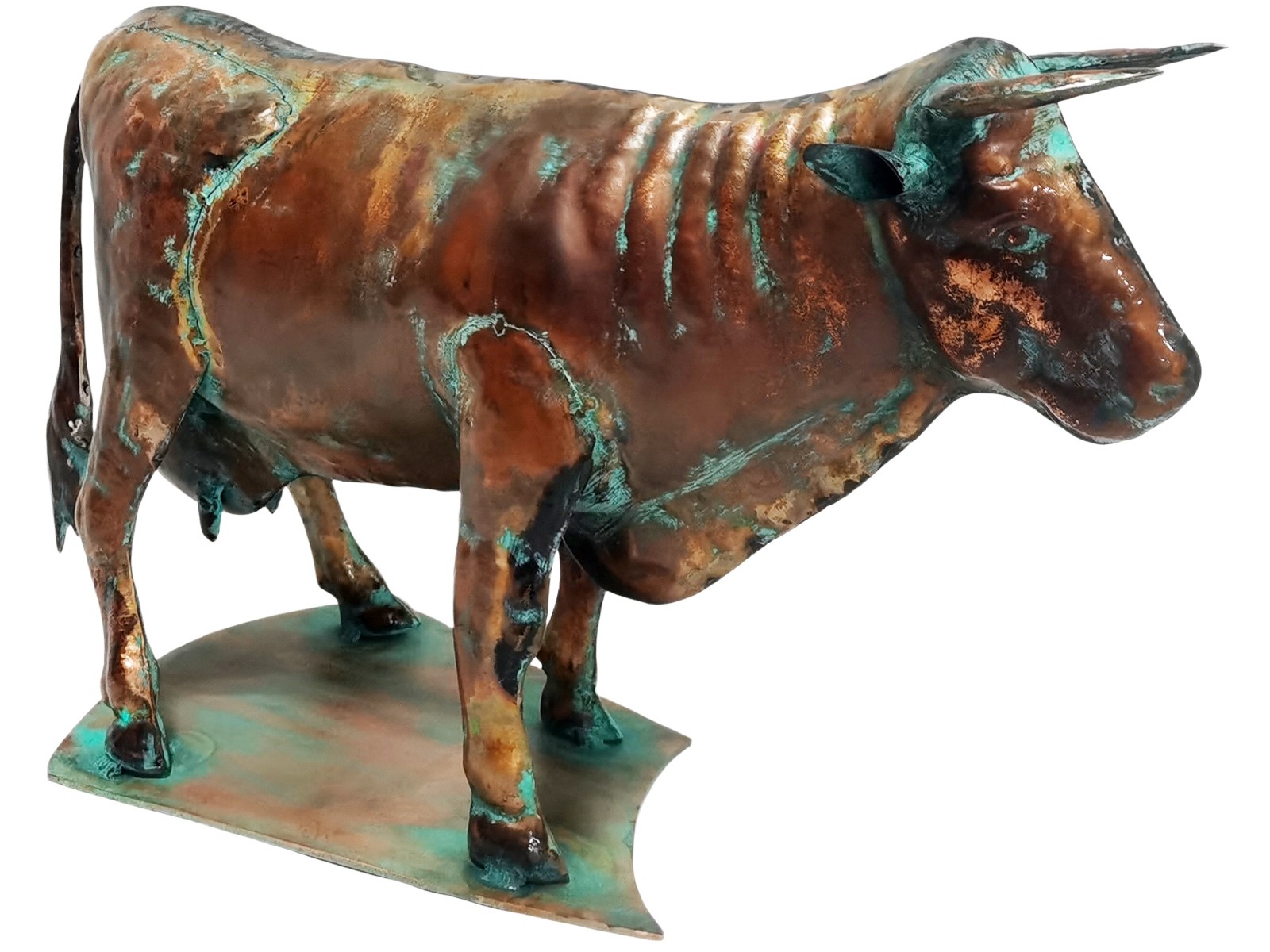 53.5cm Aged Copper/Verdigris Finish 3D Bull Statue On Heavy Metal Base