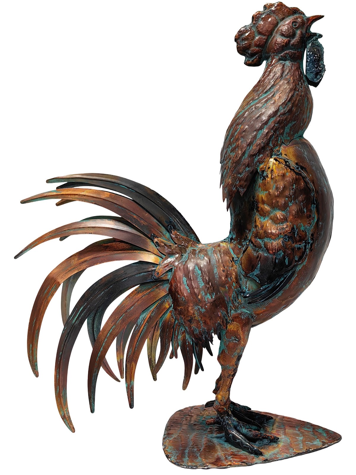 71cm Aged Copper/Verdigris Finish 3D Rooster Statue On Heavy Metal Base