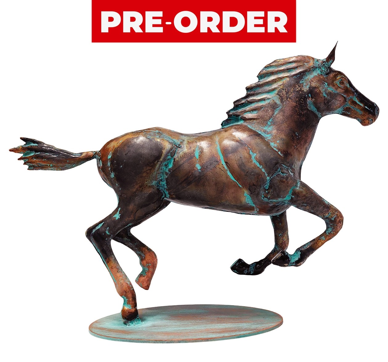 40cm Aged Copper/Verdigris Finish 3D Horse Statue On Heavy Metal Base