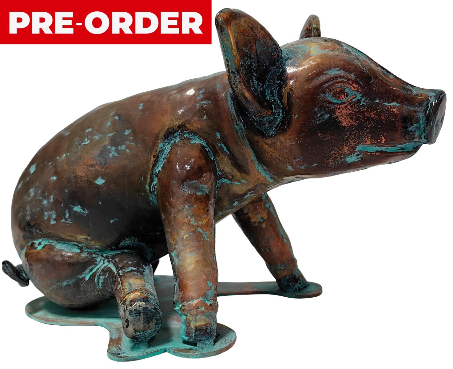 48cm Aged Copper/Verdigris Finish 3D Sitting Pig Statue On Heavy Metal Base