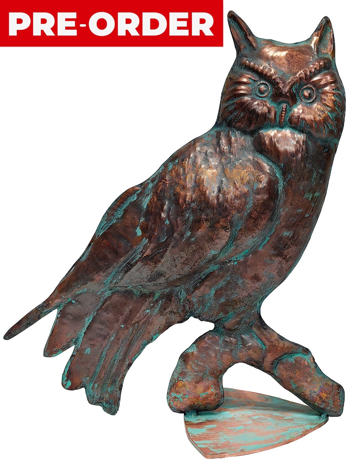 47cm Aged Copper/Verdigris Finish 2D Owl Statue On Heavy Metal Base
