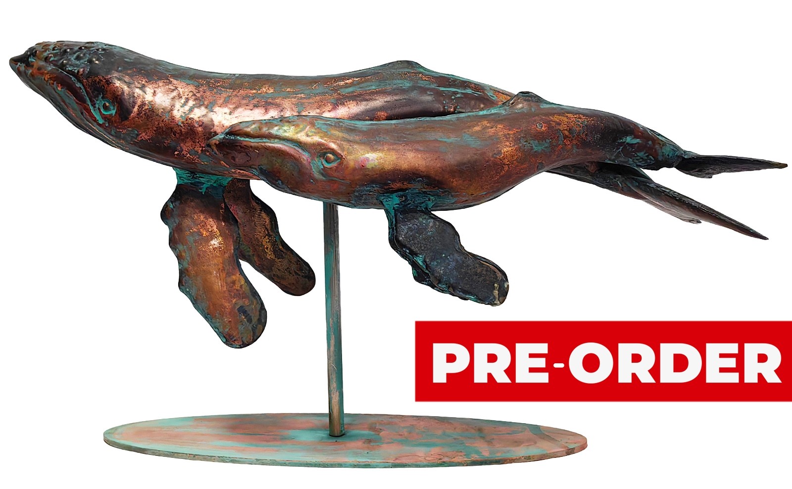 46cm Aged Copper/Verdigris Finish Humpback Whale Mother & Son Statue On Heavy Metal Base
