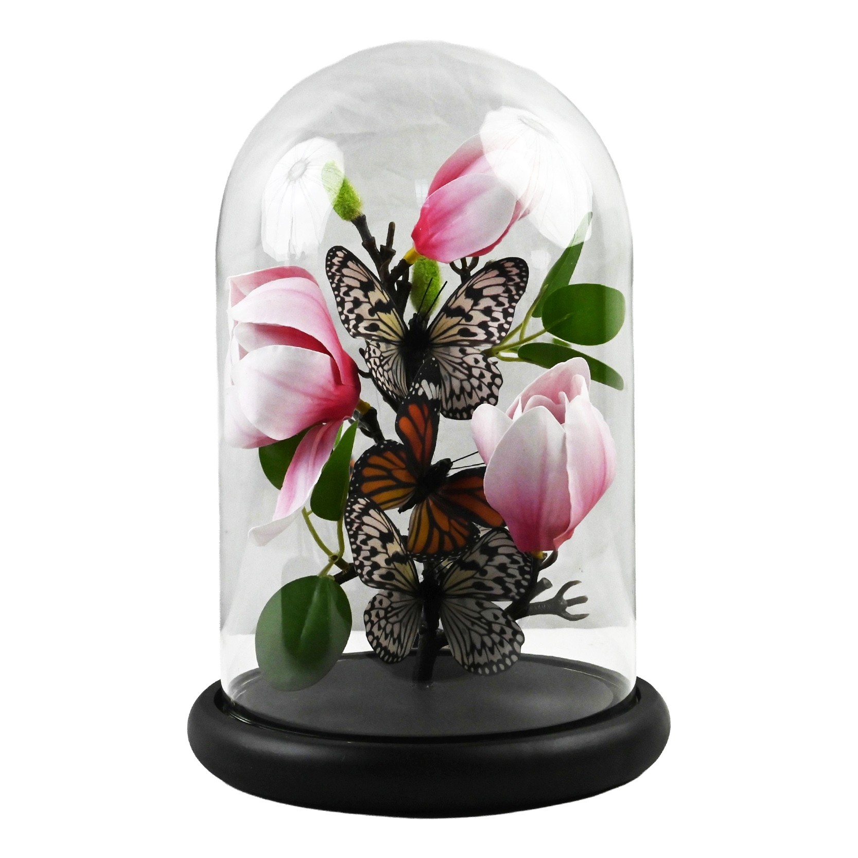 Butterflies on Pink and White Flowers In Glass Dome - 26 x 17.5cm