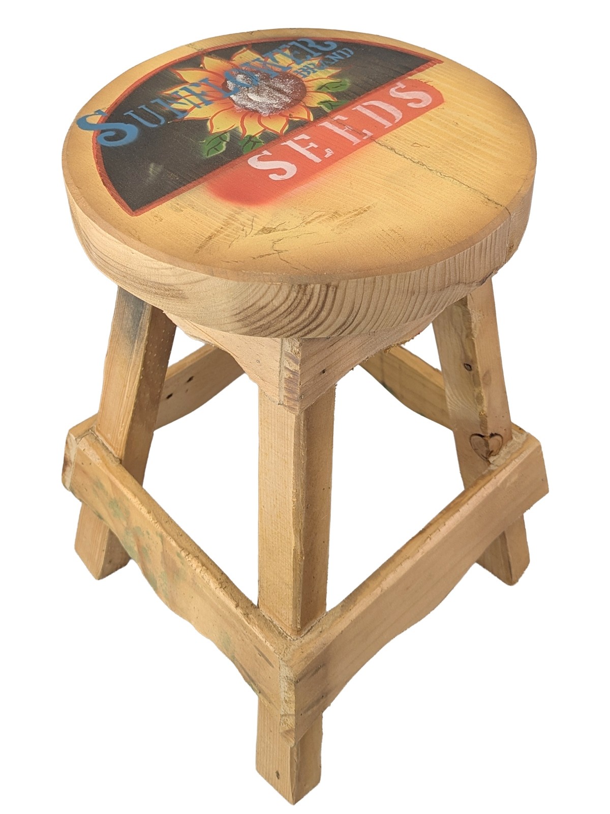 Large Rustic Wooden Stool Sunflower Design - 42cm 
