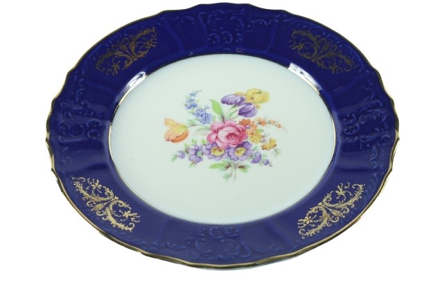 Rich Cobalt Blue Porcelain Gilded Plate With Flowers 25cm