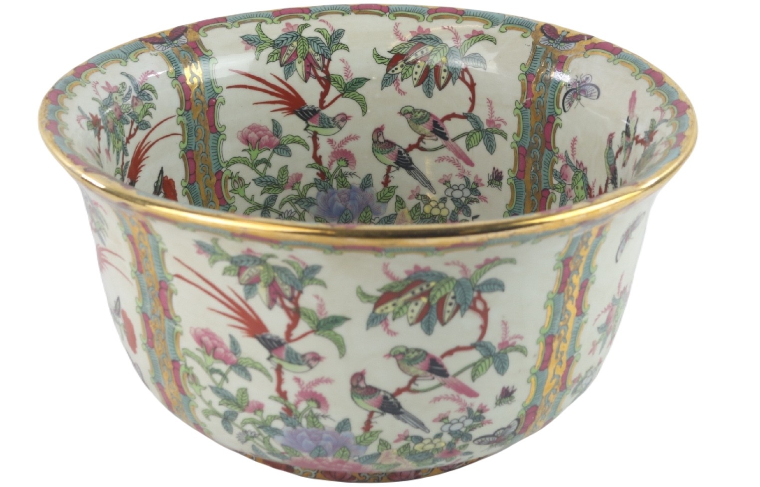 Chinese Famille Verte Birds / Trees Gold Rimmed Bowl 24cm