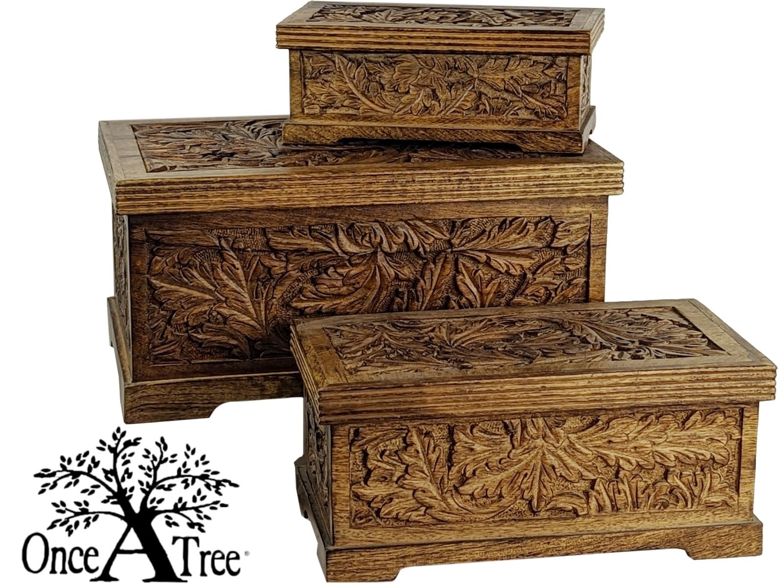 Mango Wood Leaf Design Set Of 3 Boxes 42.5cm