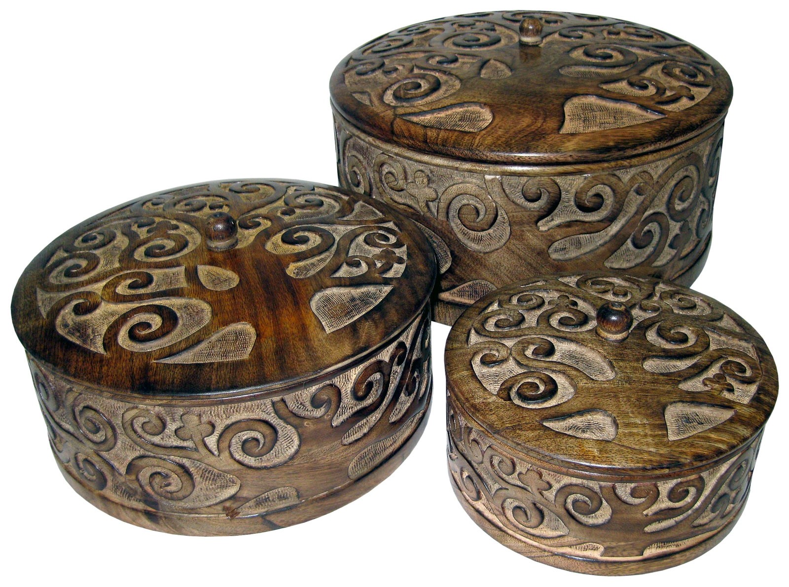 Mango Wood Tree Of Life Design Set/3 Round Boxes  30cm