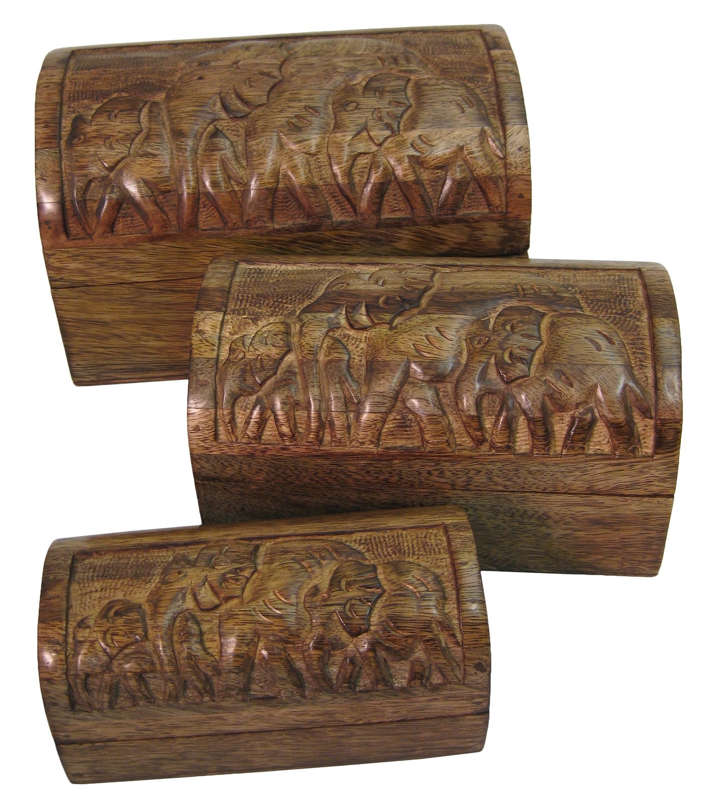 Mango Wood Elephant Set Of 3 Domed Boxes 23cm