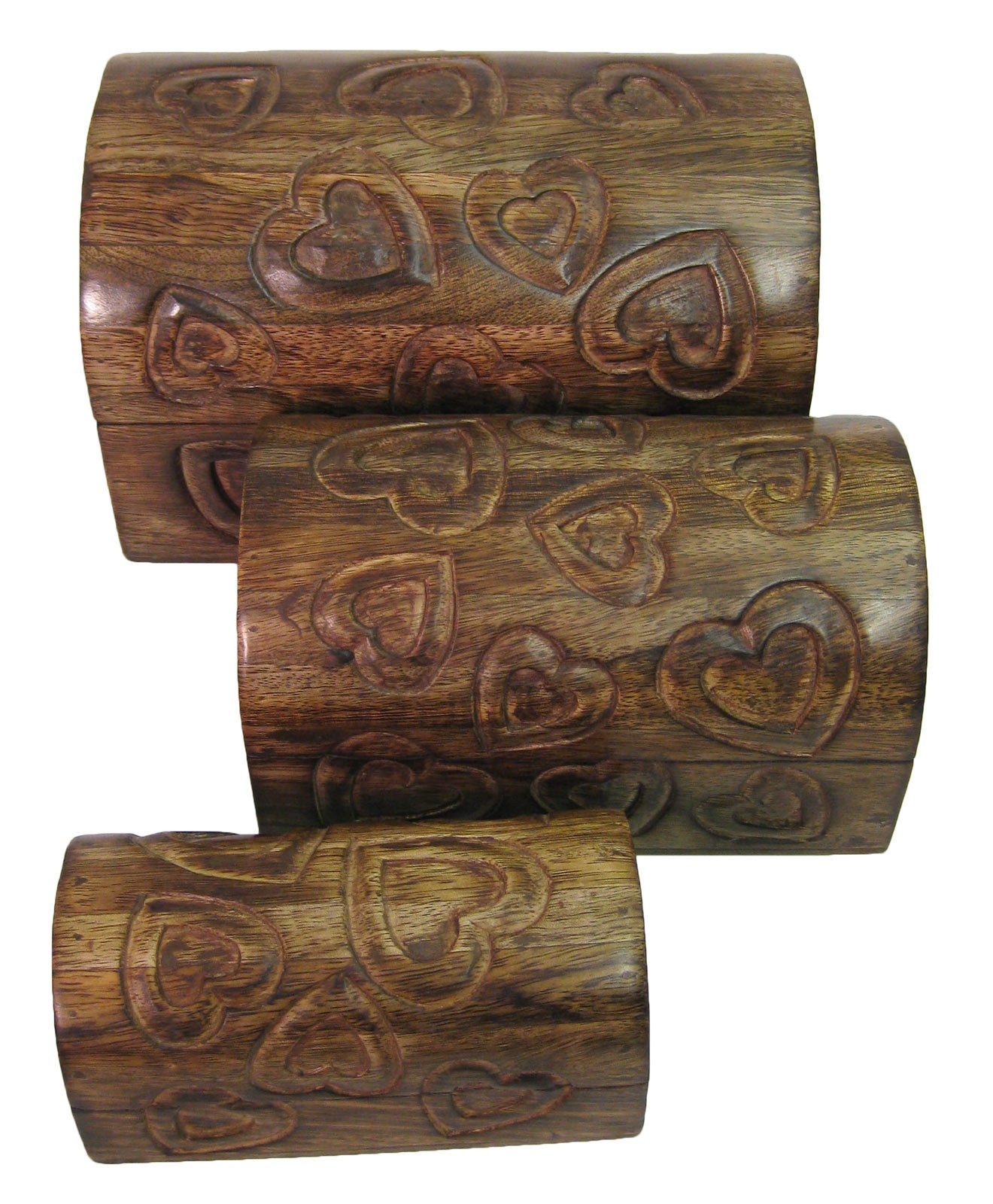 Mango Wood Heart Set Of 3 Domed Boxes 23cm