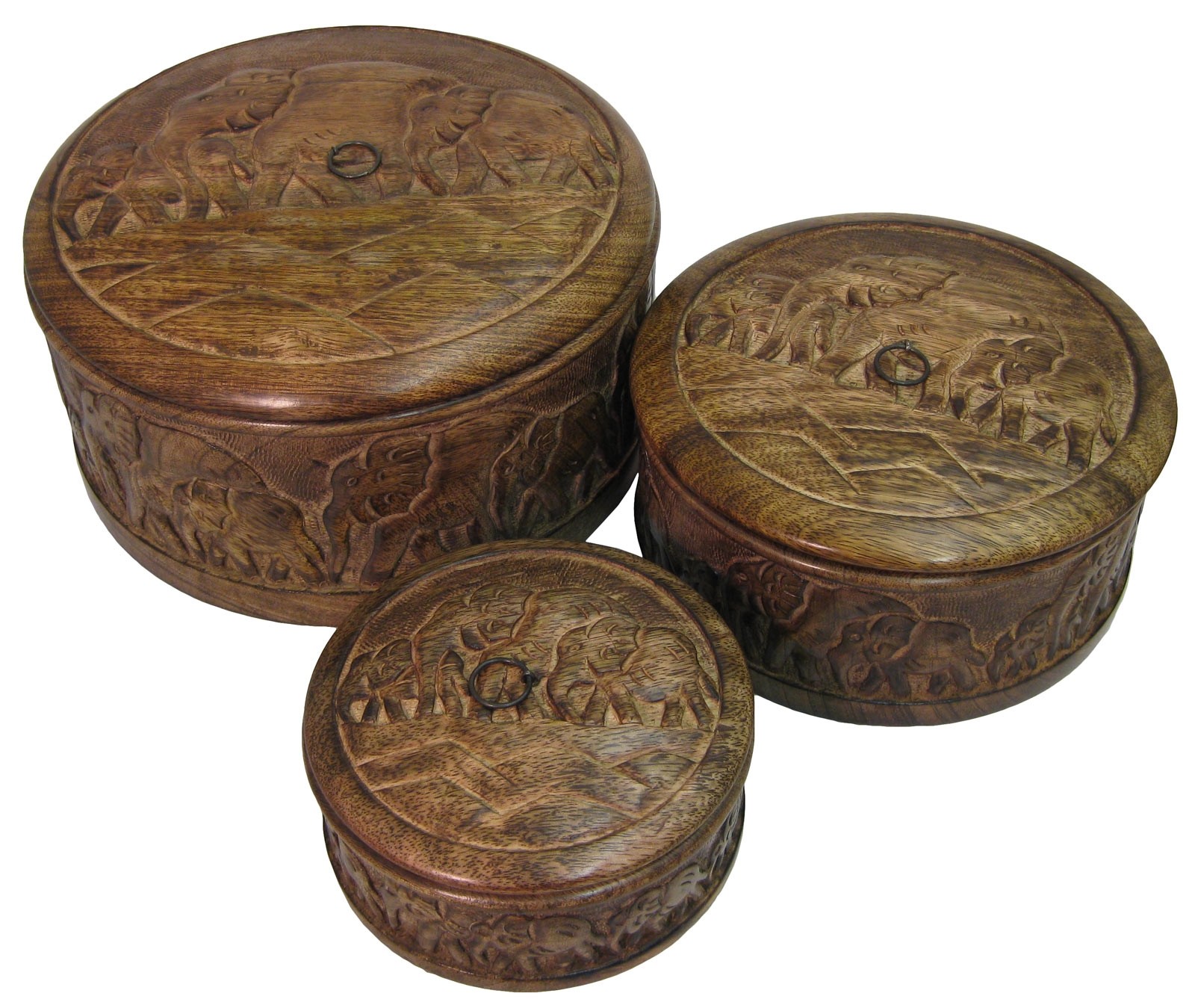 Mango Wood Elephant Design Set/3 Round Boxes 31cm