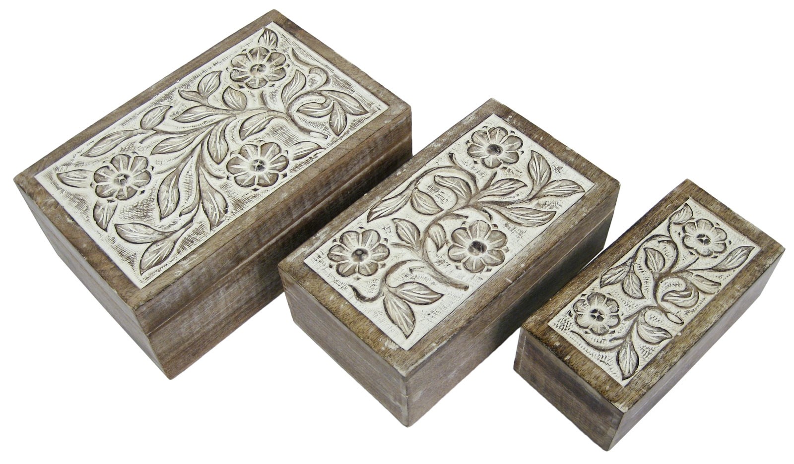 Mango Wood Set Of 3 Boxes - Burnt White Finish 28cm