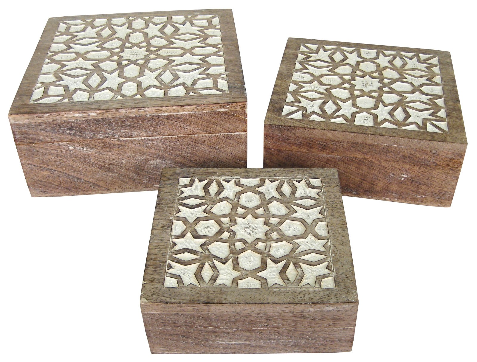 Mango Wood Set Of 3 Square Boxes - Burnt White Finish  25.5cm