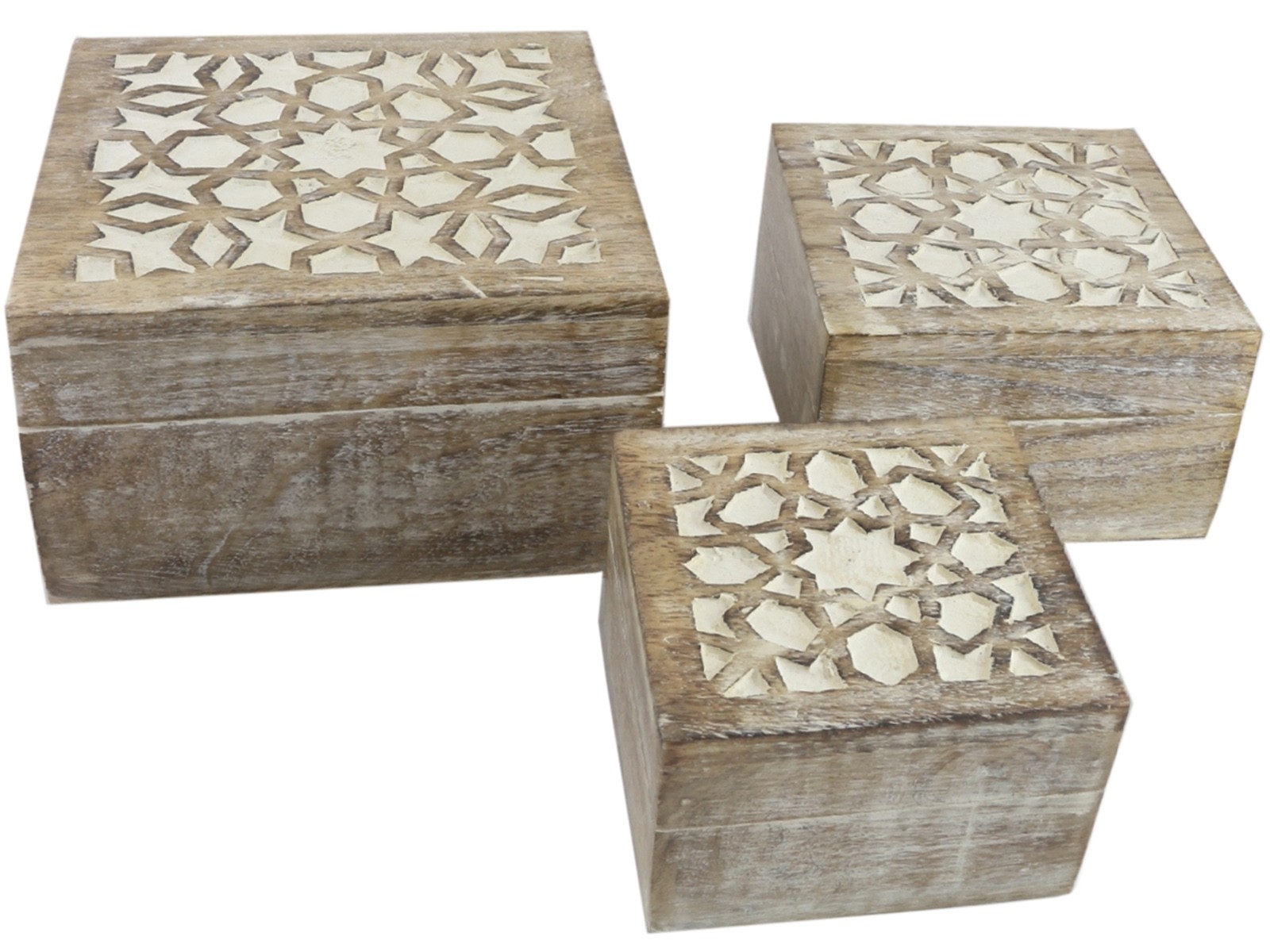 Mango Wood Set Of 3 Square Boxes - Burnt White Finish 18cm
